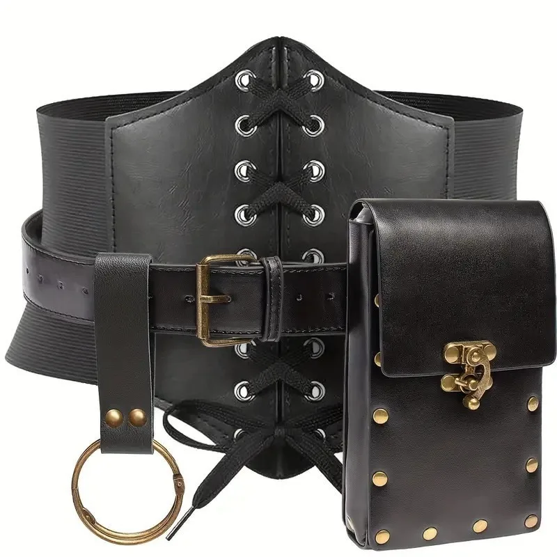 3pcs Women Medieval Vintage Wide Waist Corset Drawstring Belt European Court Fashion Waistband Accessory