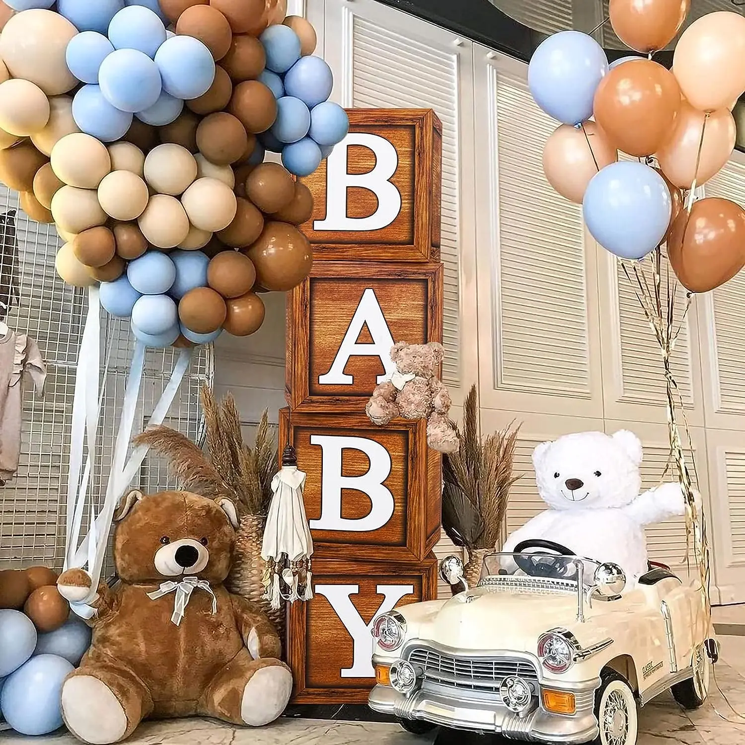Wood Grain Baby Shower Box Baby Balloon Boxes 26 letters Teddy Bear Baby Shower Birthday Party Decor - view 2