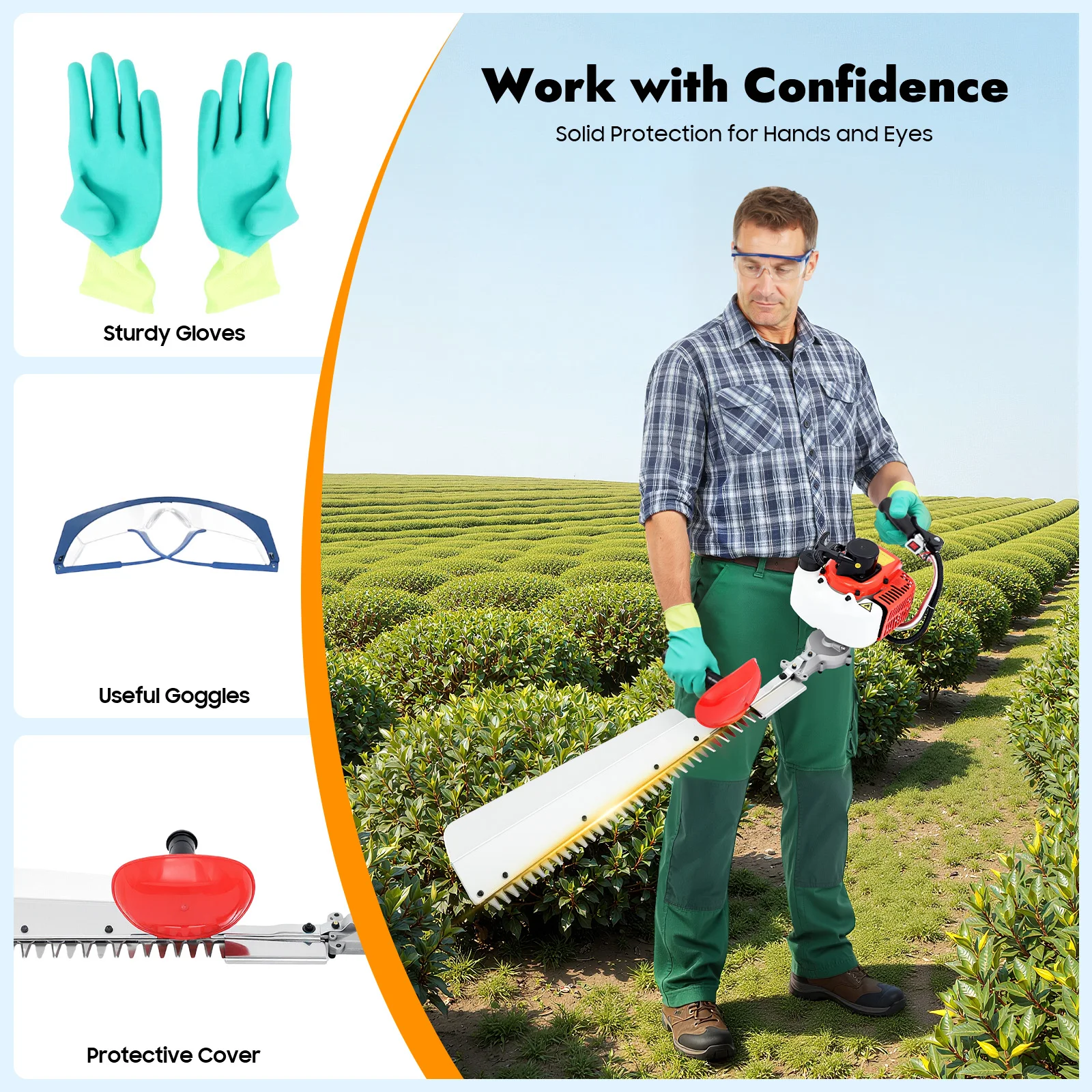 Gas Hedge Trimmer – 22.5cc 0.65kW – 7500rpm – 27.56" Single-Edge Blade – Cuts 0.39" Branches – Anti-Vibration – Ergonomic Handle – Protective Goggles & Gloves – for Garden Yard Landscaping – Red Black Silver