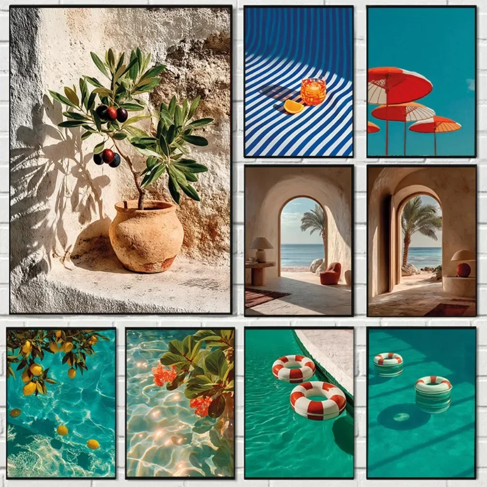 1pc frameless Canvas Painting 1pc frameless Canvas Painting Modern Italian Lemon Orange Seaside Beach Waves Arc Swimming Pool La