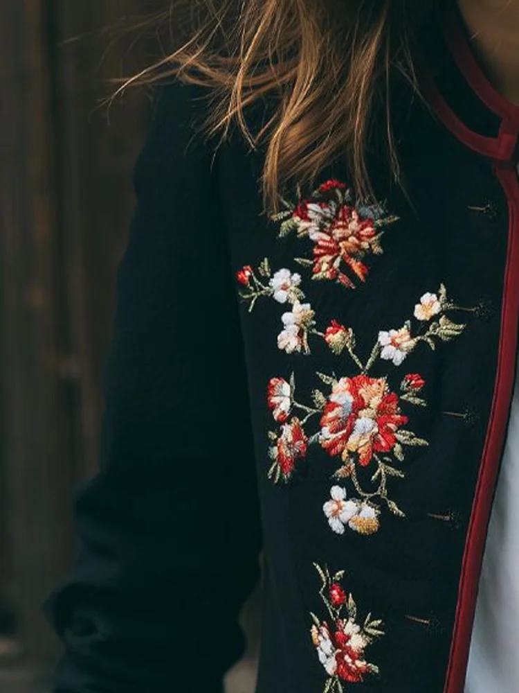 

Женская куртка с цветочным принтом, пальто с воротником-стойкой, однобортная с карманом, элегантная повседневная осенняя верхняя одежда, топы для женщин