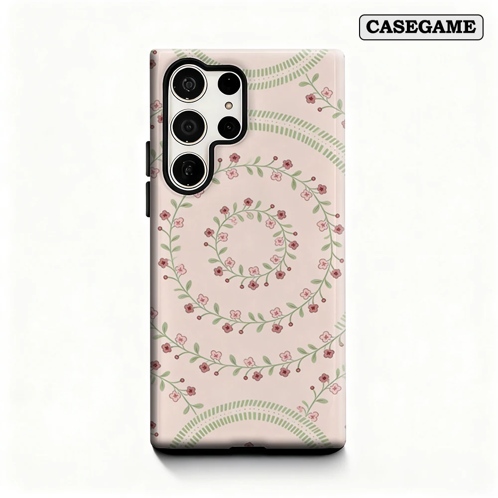 Casegame Phone Case for Samsung Galaxy S26 S25 Ultra S24 S23 Plus Shockproof Double Layer Tough Back Pink Floral Vine Cover