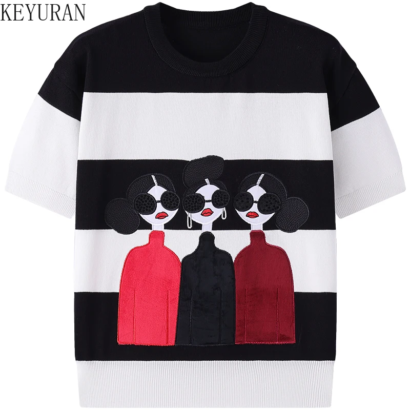 2024 Summer Embroidery Cartoon Black Striped Sweater Women T-shirts Chic O-neck Short Sleeve Knitted Tops Ladies Jumpers Tees