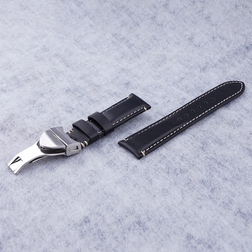 For Rolex Casio Seiko Tudor Black Bay Omega IWC 20mm 22mm Vintage Genuine Leather Watch band Strap  Bracelet With Silver Clasp