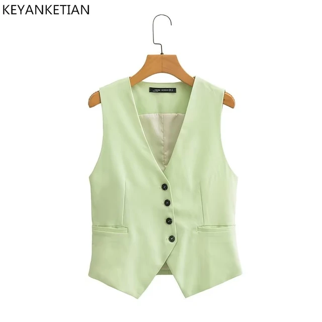 KEYANKTIAN New Deep V Neck Single Breasted Slim Light Green Vest Women Casual Style Asymmetrical Thin Sleeveless Short Top AliExpress 200000345