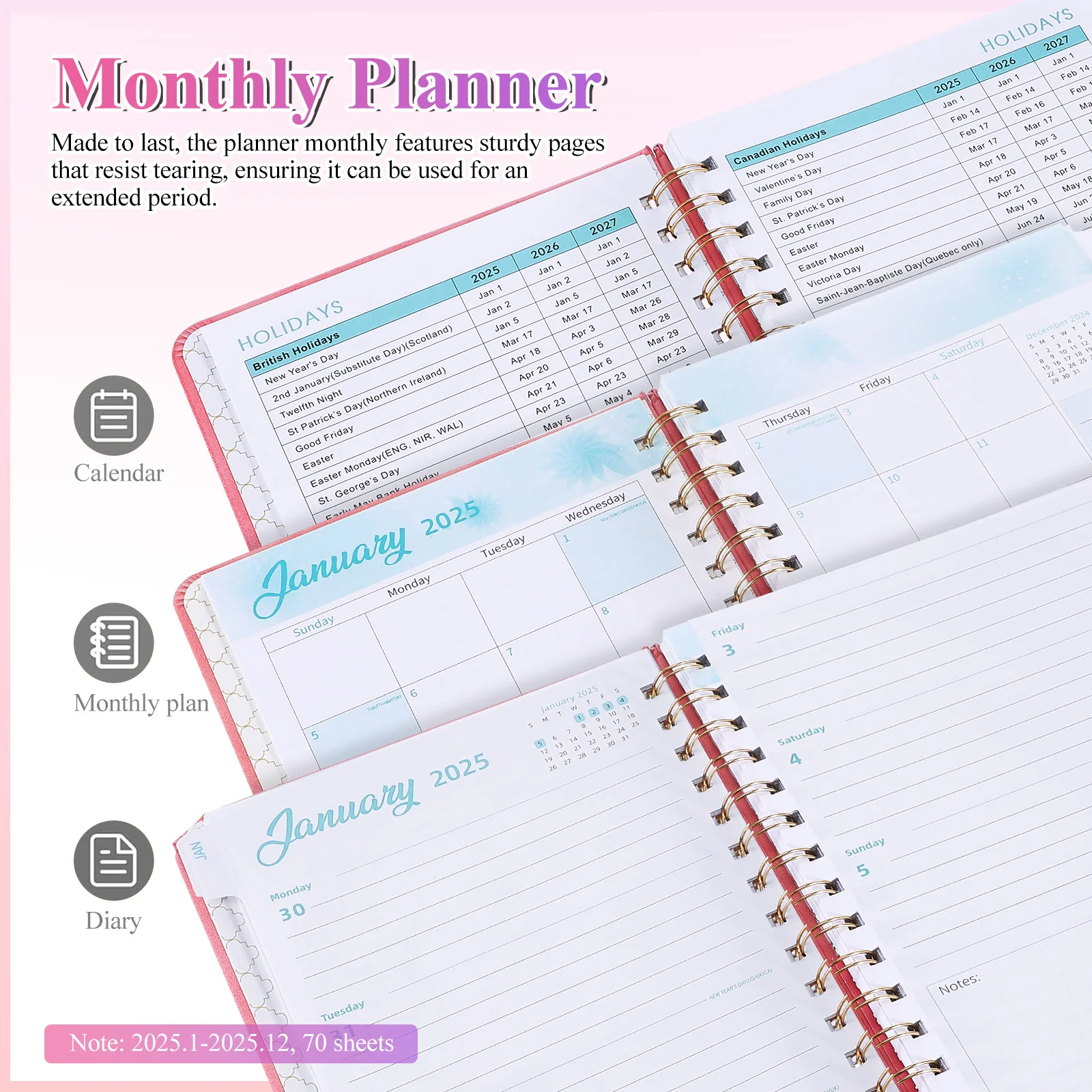 Notebook Academic Planner 2025 Calendar Monthly Spiral Bound Planners Weekly Daily