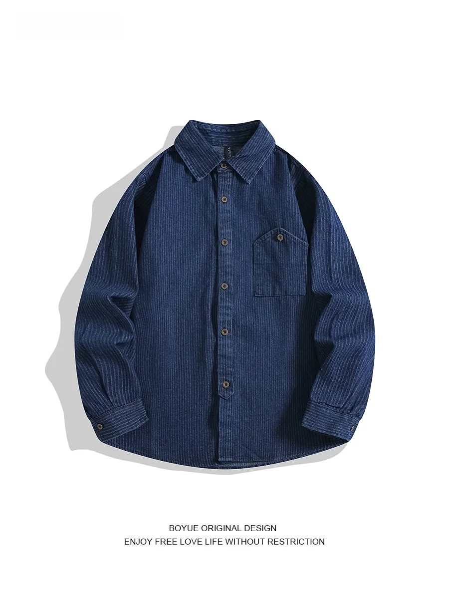 

Мужская джинсовая куртка Boyue в японском стиле, в полоску, длинная, повседневная, тонкая, для работы, модная, брендовая, для отдыха, верхняя одежда