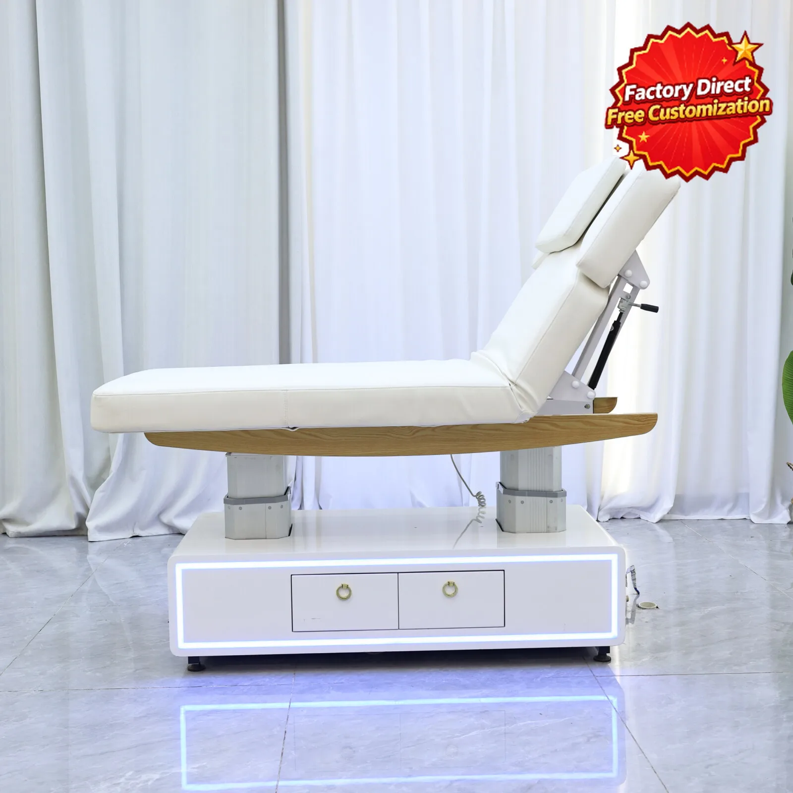 Electric Massage Bed Adjustable Facial Beauty Bed LED Light Storage Drawers 4 Motor Lift Wooden Frame PU Leather Spa Salon Table