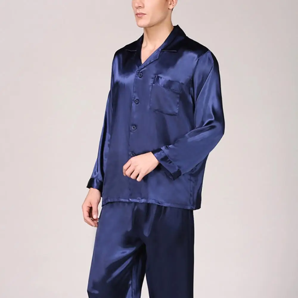 

Sleepwear Imitation Silk Men Summer Pajama Set Shirt Pants Home Gown Nightwear