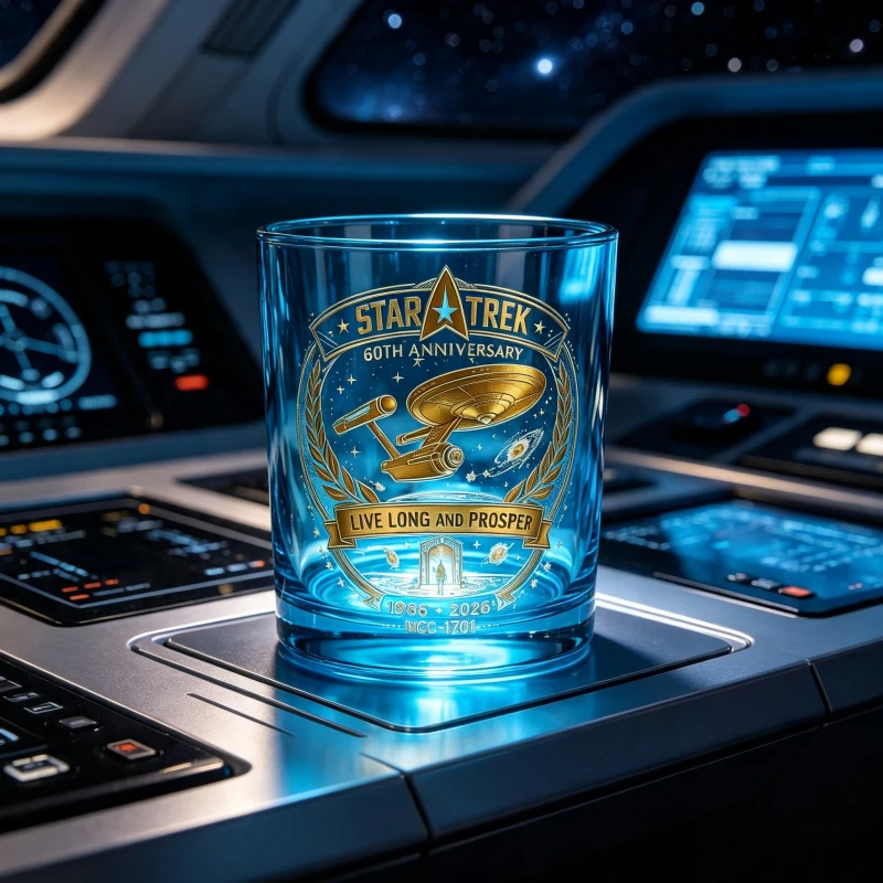 Star Trek 60th Anniversary Whiskey Glass 300ml Blue Glass Tumbler Sticker Craft Sci-Fi Collectible Drinking Cup Gift
