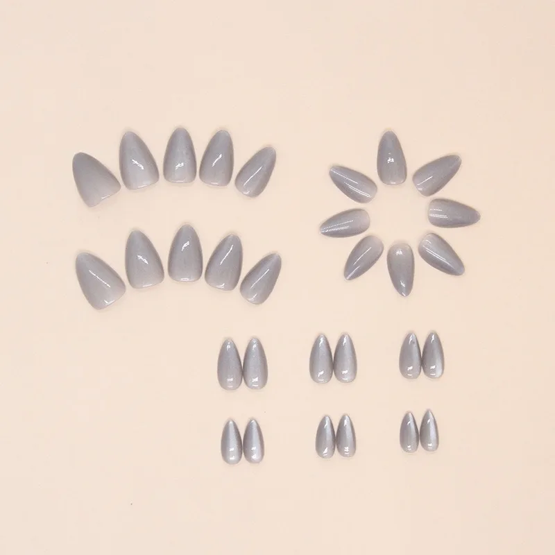 24Pcs Solid Color Cat's Eye Fake Nail Grey Almond  Design Wearable Round Head False Nails with Shiny Powder Press on Nails