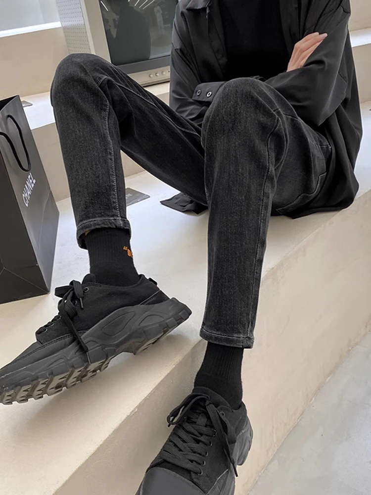 Slim Fit Black Elastic Denim Jeans Men's Straight Leg Casual Nine Point Pants Autumn Trendy Casual Small Foot Pants