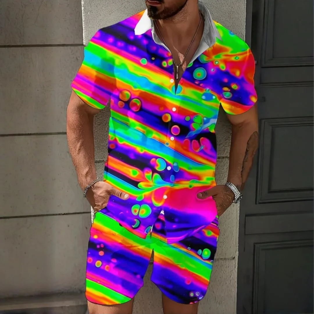 

Men's Summer Two Piece 3D Artistic Painting Printed Shirt OverSize Men's Clothing Breathable Beach Pants Set Hawaiian Style