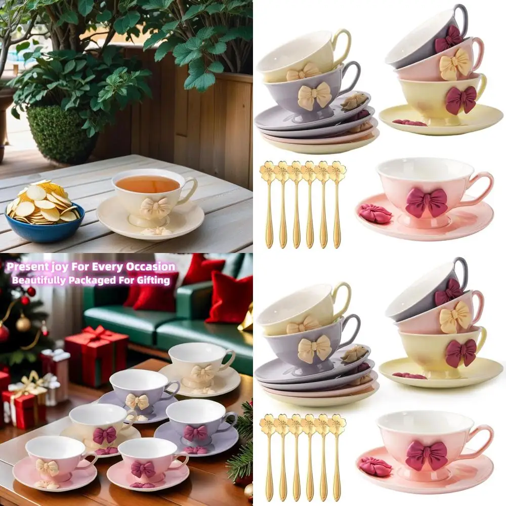 

Vintage 8oz Porcelain Teacup & Saucer Set for 6, 18-Piece with Gold Spoons & Bowknots, Ideal for Women's Tea Parties & Gifts