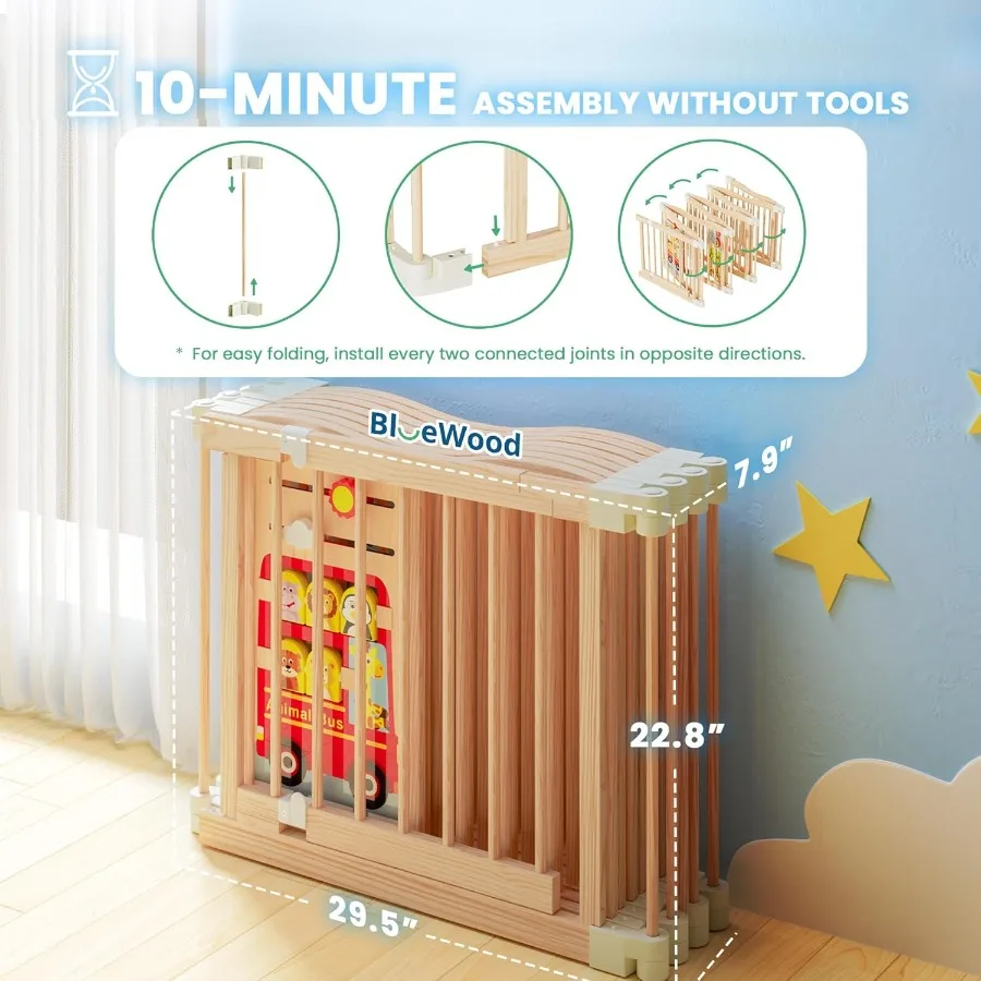 Cercadinho de madeira dobrável – Quintal de brincar de madeira ajustável para bebês com trava à prova de crianças, grande cerca de segurança interna para bebês e crianças pequenas