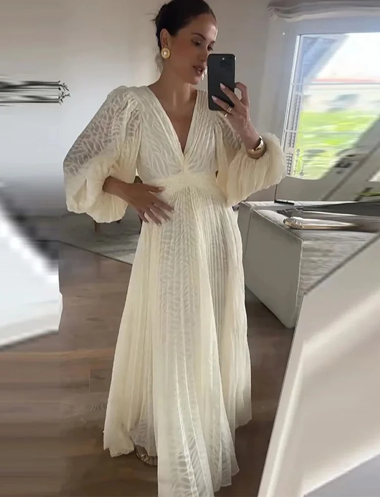 

Шикарное длинное платье с пышными рукавами и принтом для женщин, элегантное платье макси трапециевидной формы с глубоким v-образным вырезом и высокой талией, женское летнее вечернее платье