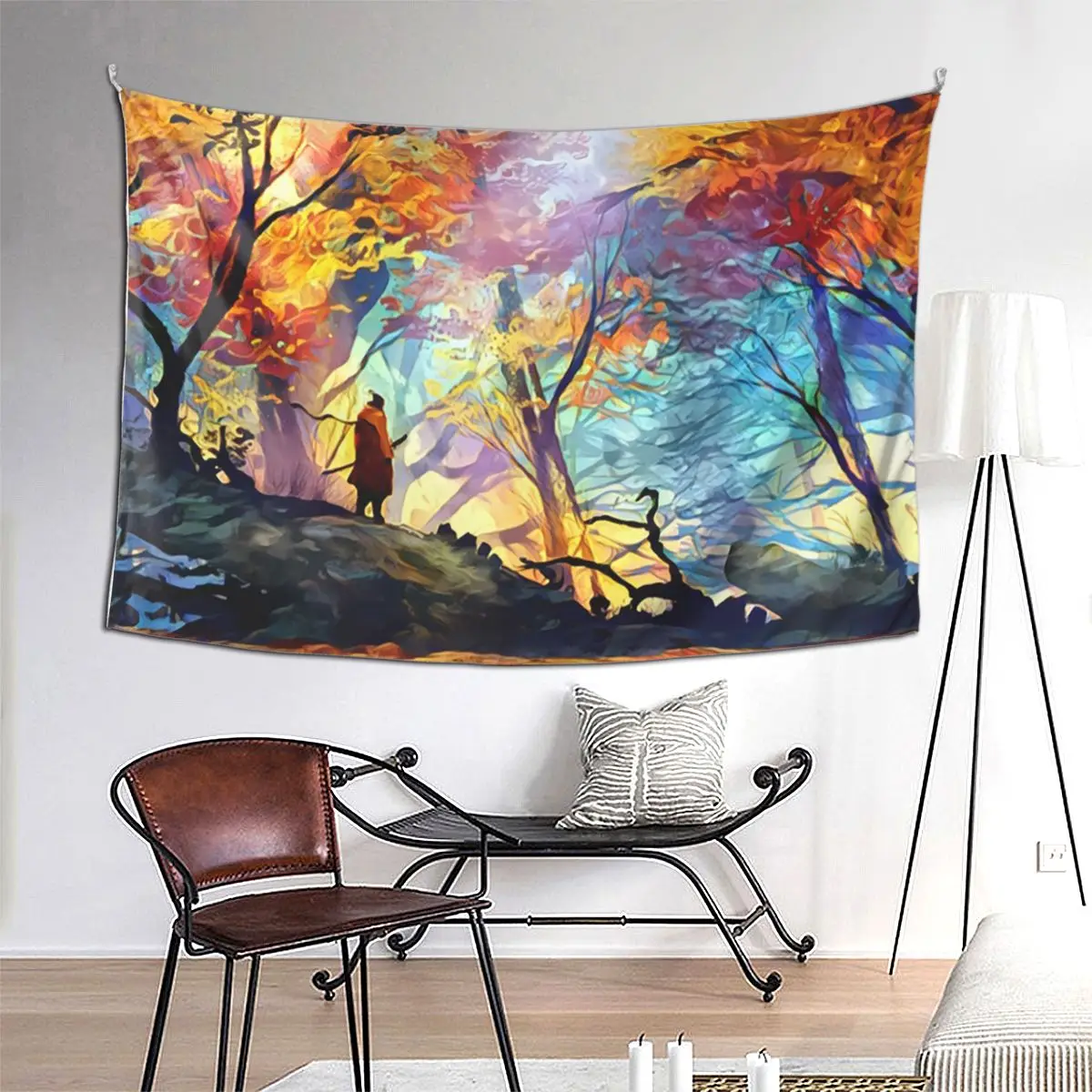 

Волк в красочном лесу, забавный настенный гобелен, эстетический домашний декор, гобелены для гостиной, спальни, общежития