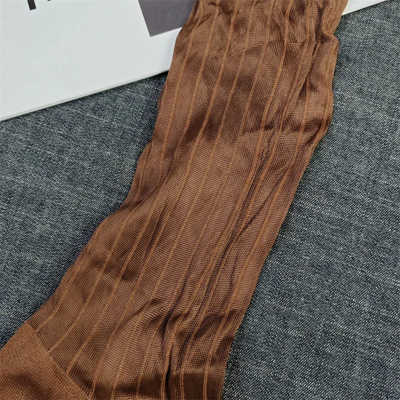 2024 Business Socks for Men Summer Sexy Thin Nylon Striped Soft Breathable Mid Tube Socks Mans Dress Formal Brown Stockings Male