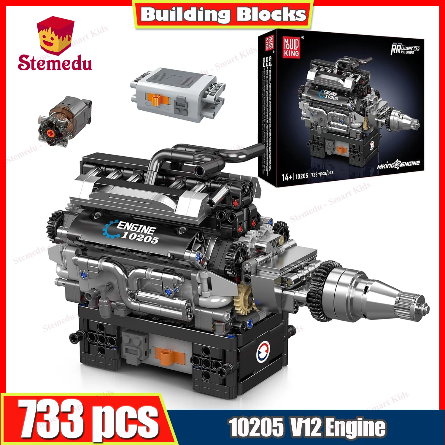 

Mould King 10205 V12 Engine Building Blocks Set 733pcs STEM Educational Model with Battery Box and Motor for Adults Assembly Toy