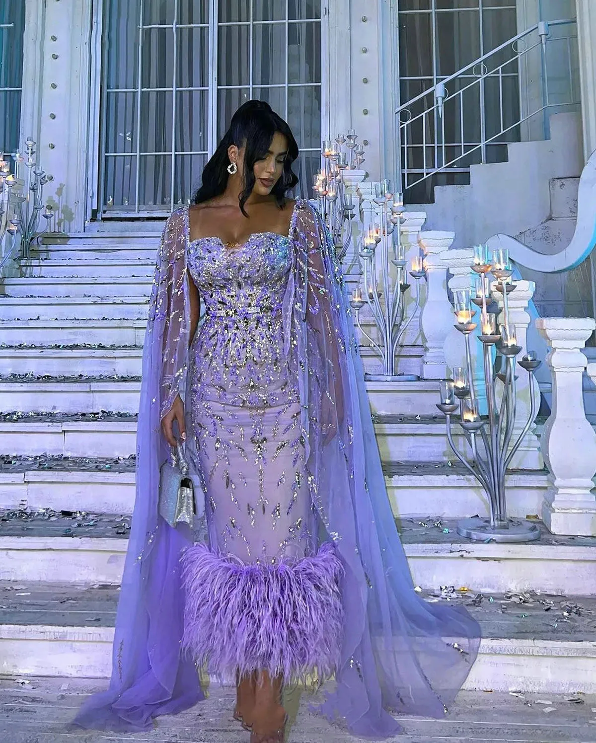 Arabic Elegant Lilac Feathers Midi Evening Dresses with Shoulder Cape Sleeve Women Formal Prom Gowns for Wedding Party Events