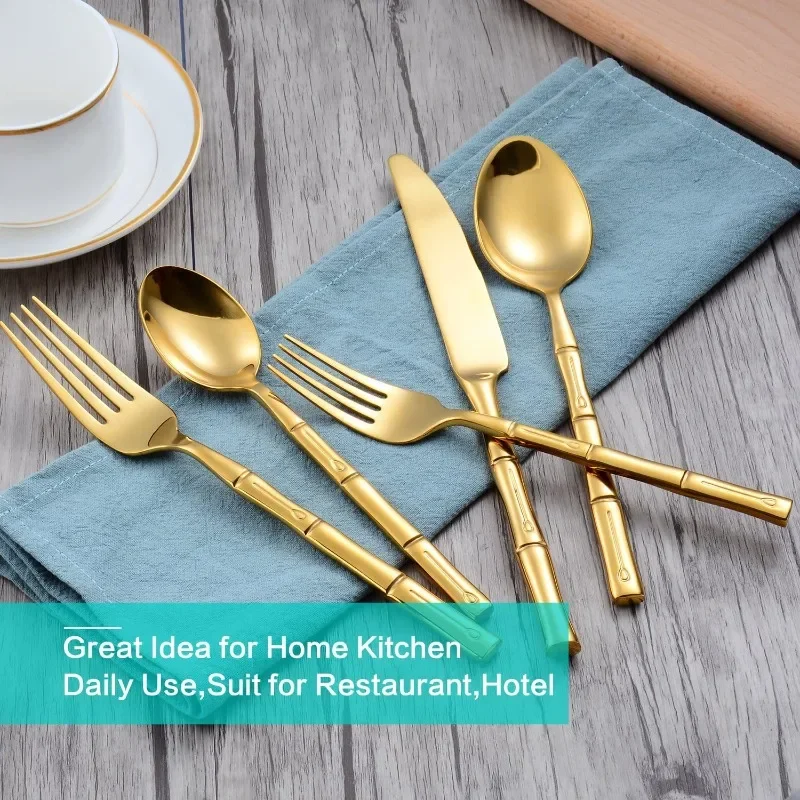 Gold Silverware Set Stainless Steel Bamboo Handle Cutlery Set Mirror Polished 40 Pieces for Home Kitchen Restaurant Hotel