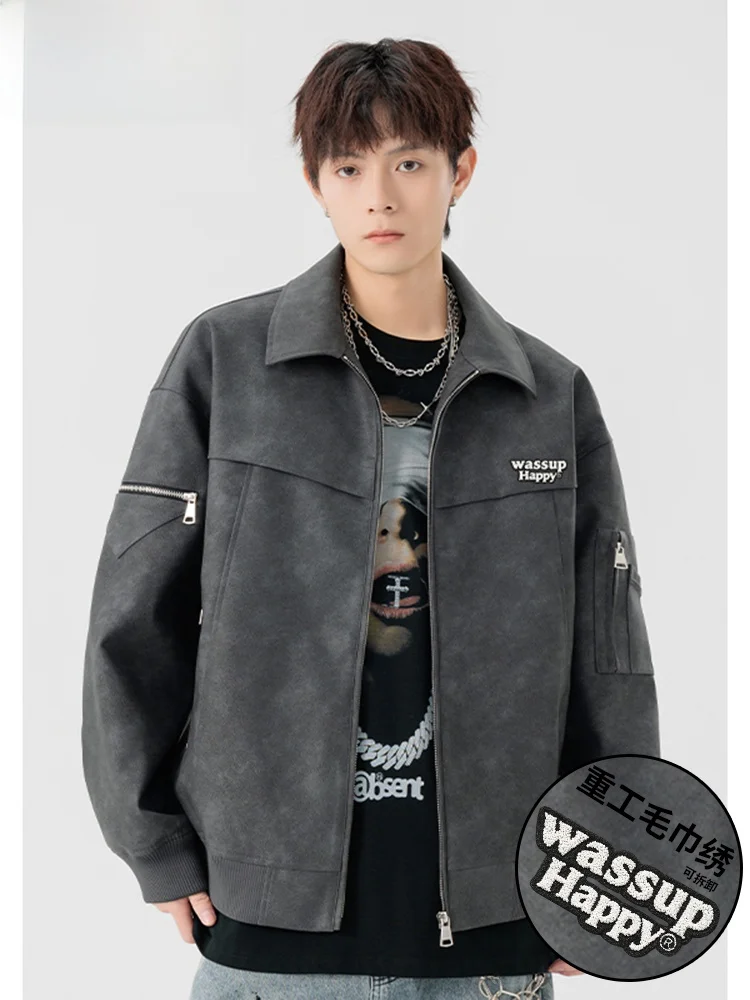 

Wassup Happy American Retro PU Leather Patchwork Collar Jaet Men's Spring Autumn Loose Casual Outerwear Zipper Decorated