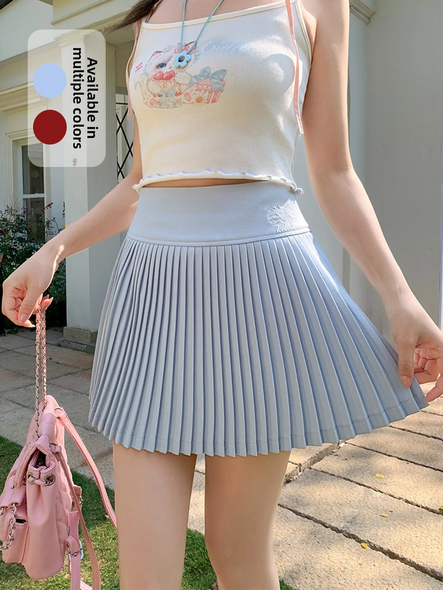 

Blue School Style High Waist Pleated Skirt Women's A-Line Half Body Short Skirt Spring Summer New Arrival Elegant Sweet