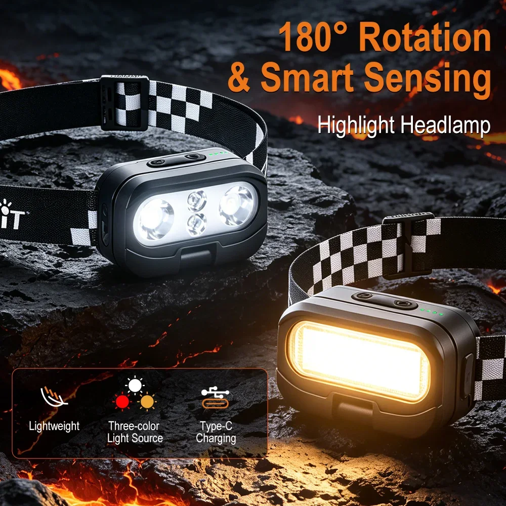 BORUiT RT400-linterna frontal LED recargable por USB, linterna frontal LED portátil de 700LM, linterna frontal con 14 modos para pesca al aire libre, linterna para acampar