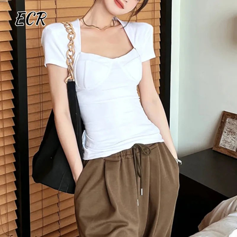 

ECR Minimalist Solid T Shirts For Women Square Collar Short Sleeve Slimming Casual Temperament T Shirt Female Fashion Clothing