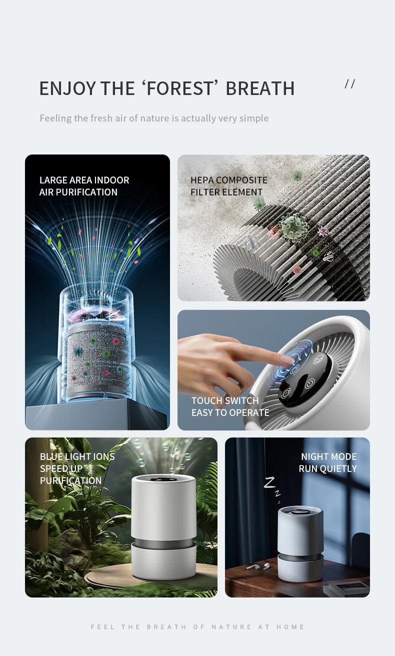 Portable Air Purifier HEPA Activated Carbon Composite Filter Blue Light Negative Ion 2 Speed Touch Control USB Type-C Quiet Night Mode Aroma Tank