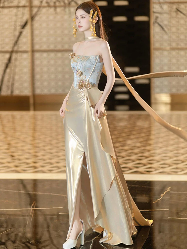 Boda dorada de alta gama Dr nuevo vestido chino de la mañana Sle para mujer novia sin tirantes de lujo pequeño ence compromiso banquete Eve...