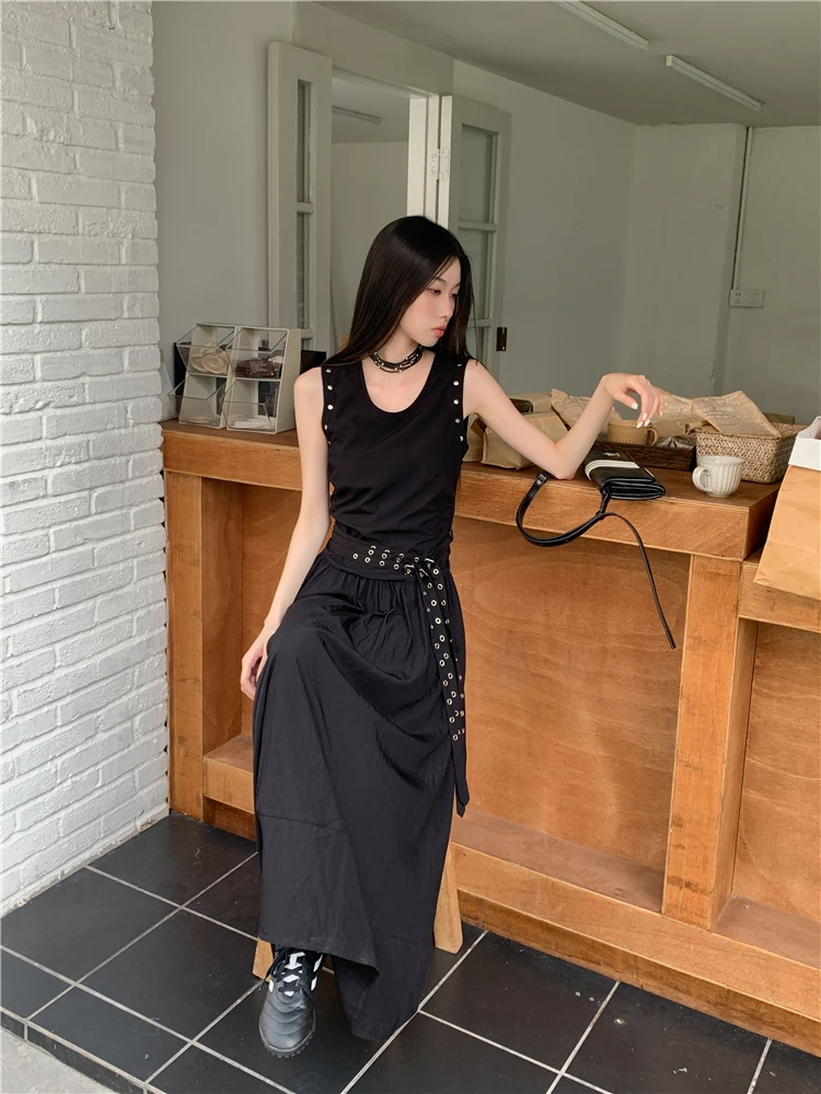 CHEERART Rivet Sleeveless Long Tank Dress For Women 2023 Summer Classy Black A Line Maxi Dress With Belt Designer Clothes