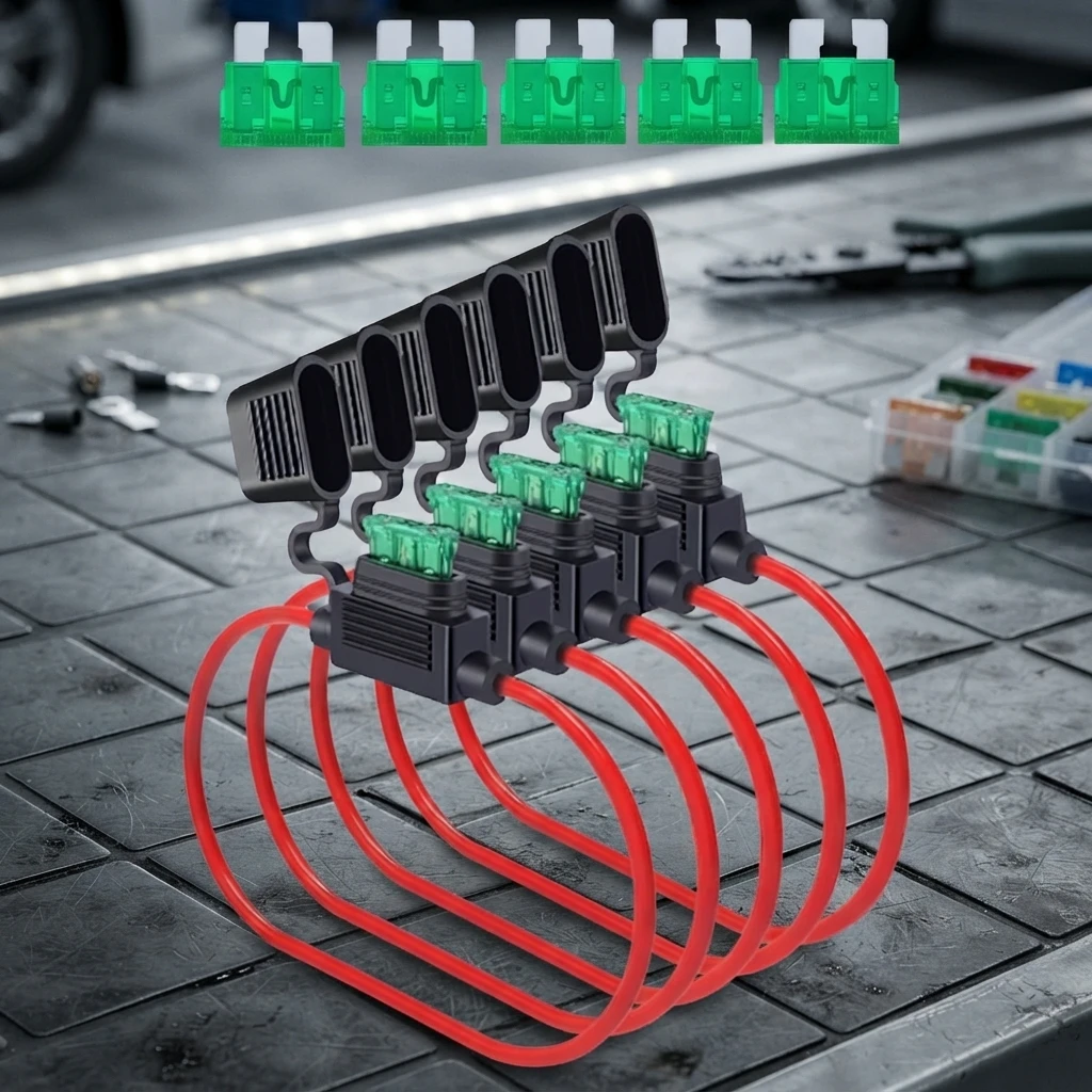 5er-Pack Wasserdichter 12-Gauge-Inline-Sicherungshalter 30A 12V mit Flachsicherungen und 12AWG-Kabel für Auto, Boot, Marine, Motorrad, LKW, Wohnmobil