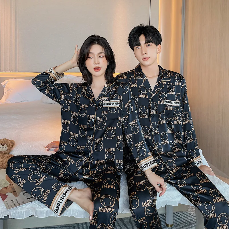 

2024 Spring/Summer New Couple Pajamas Ice Silk Smiling Face Printed Long Sleeved Pants Set 2 Can Be Outworn Home Clothing