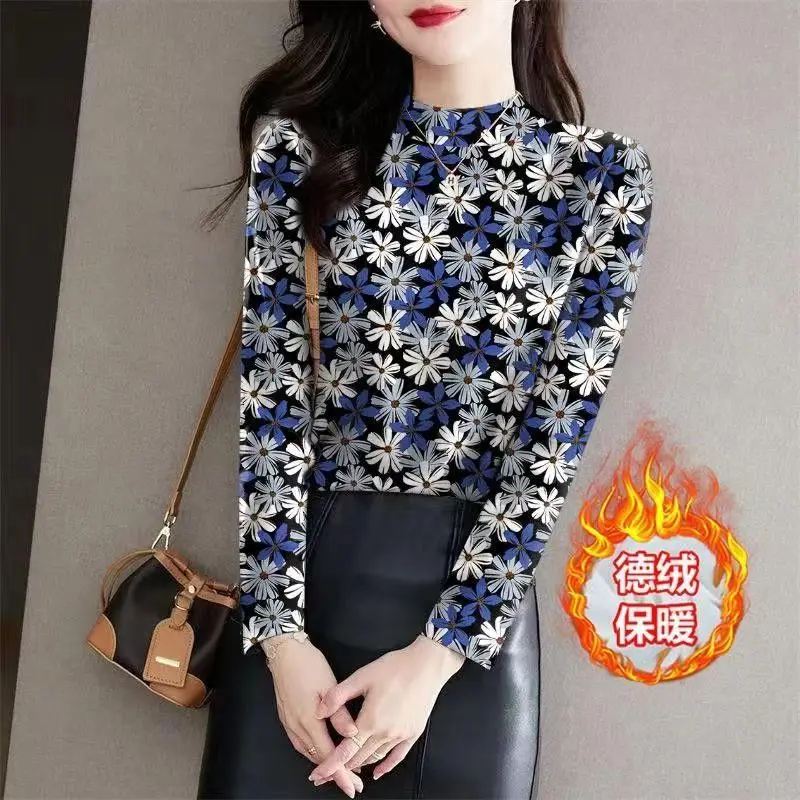 Mock Neck Floral Fleece Bottoming Shirt Women Autumn Winter Fashion Slim Long Sleeve T-Shirt Elegant All-match Printing Tops