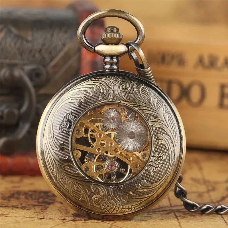 Retro Blue Crystal Flowers Men Women Hand Winding Mechanical Pocket Watch Skeleton Full Hunter Pendant Chain Clock Reloj Gift
