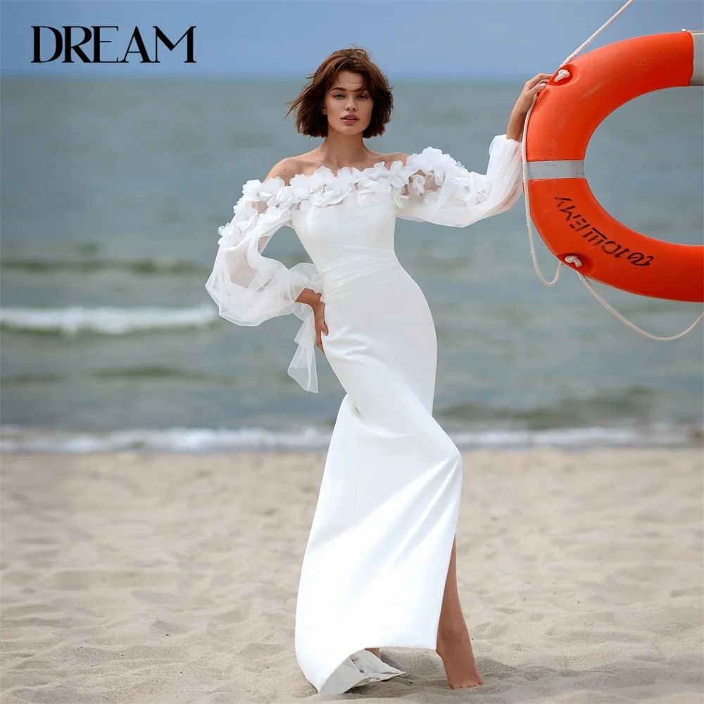 

DREAM Elegant Flowers Mermaid Wedding Dress Long Sleeve Off The Shoulder Lace-up Split Bridal Gown Vestidos De Noiva Customized