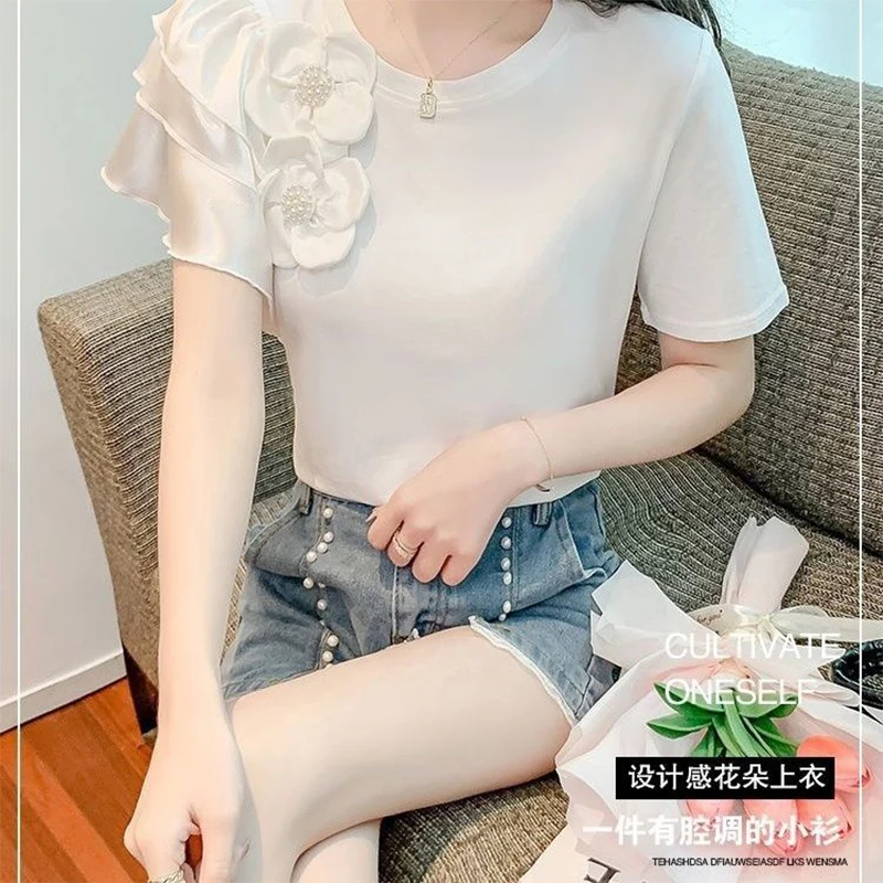 Summer Fashion Round Neck Beading Appliques T-shirt Ladies Short Sleeve Slim Casual All-match Pullover Tee Women Solid Color Top