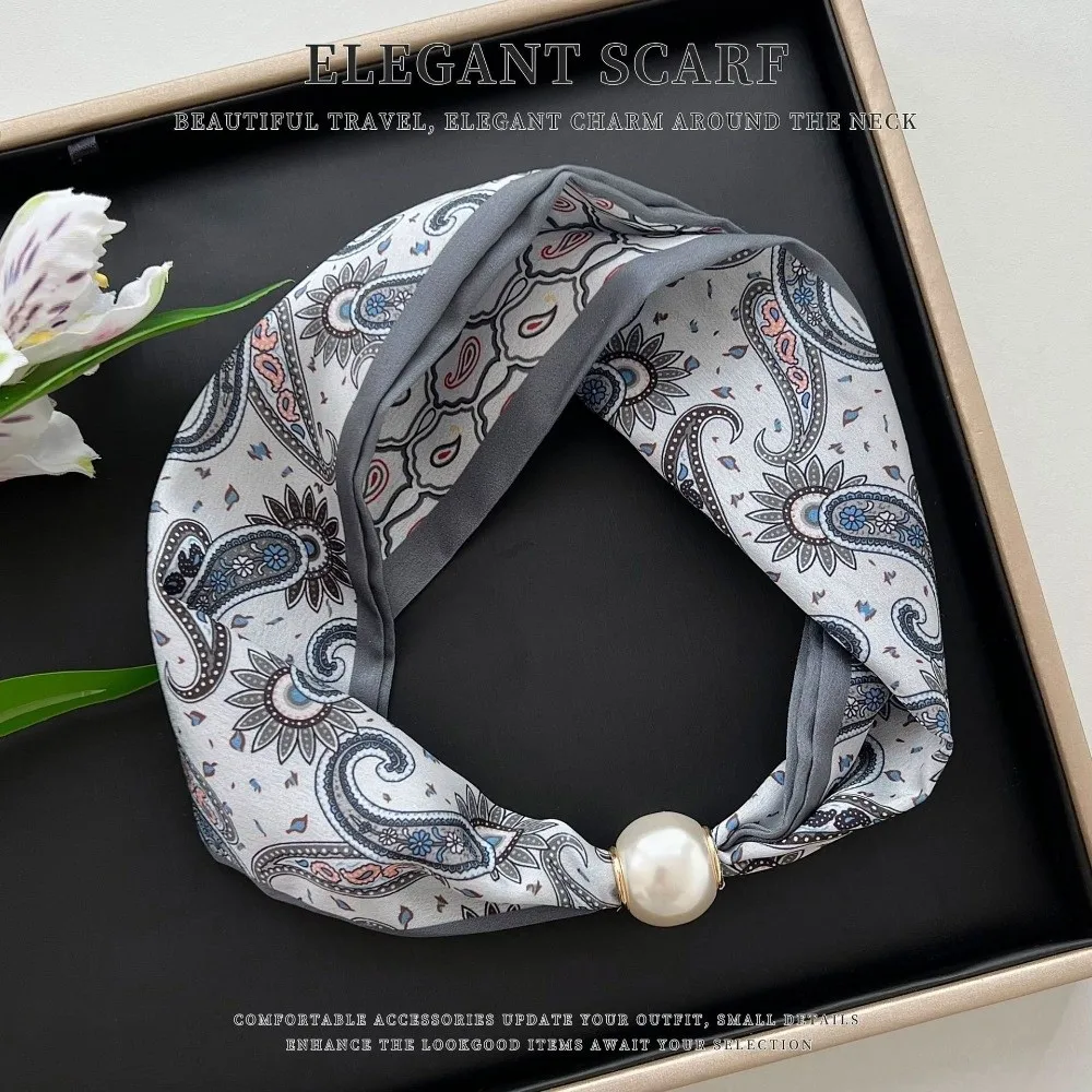 Fashion Magnetic Clasp Pearl Silk Scarf Thin Soft Neck Scarf Lightweight Cashew Flower Neckerchief for Women