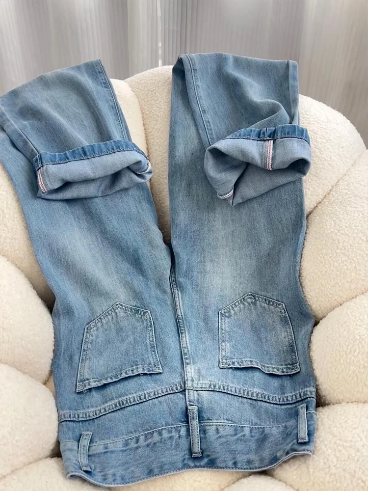 Pantalones vaqueros ajustados de cintura alta de seda helada para mujer, vaqueros de pierna ancha finos, pantalones largos hasta el suelo con sensación fresca de verano