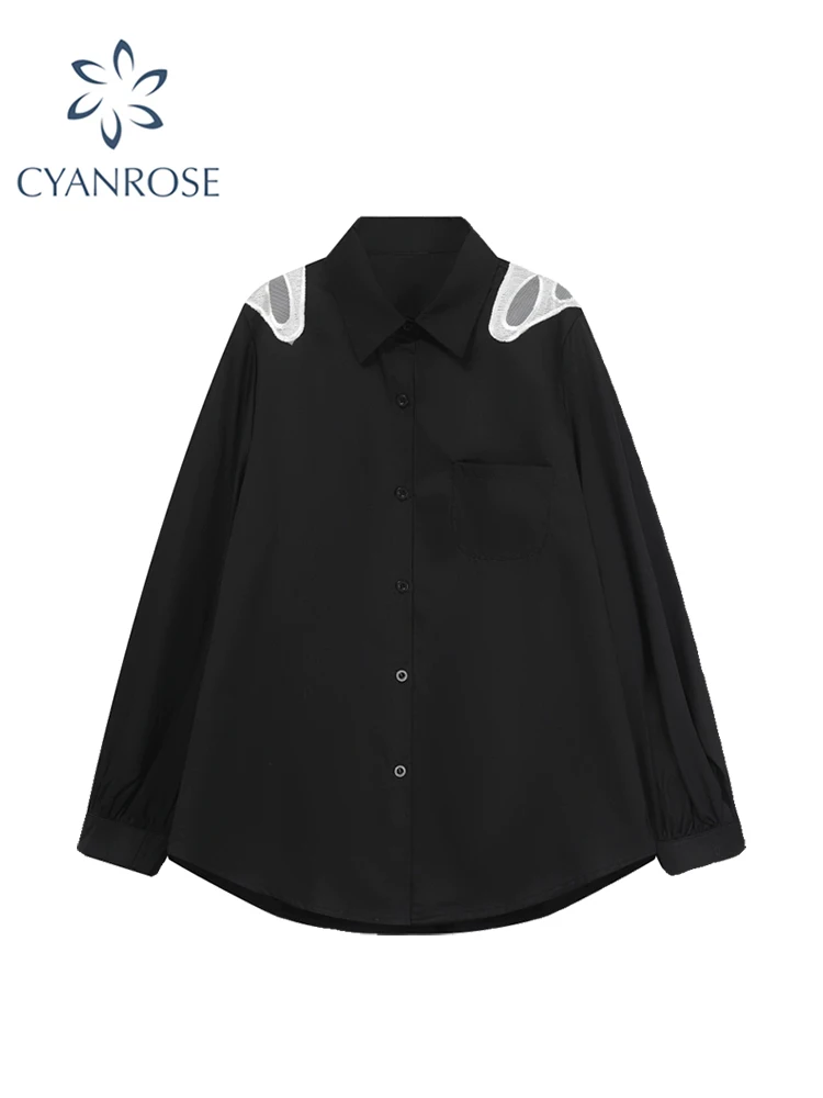 Camicie e camicette gotiche nere da donna anni '90 Y2k Vintage coreano Harajuku Emo anni 2000 Camicia elegante a maniche lunghe Top vestiti autunno