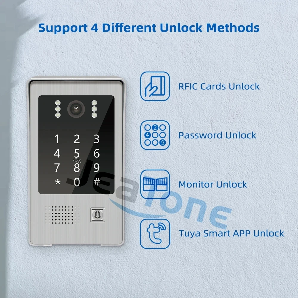 Imagem -02 - Jeatone-intercomunicador de Vídeo Wi-fi para Apartamento Campainha de Fio Câmera Senha e Desbloqueio Rfid 4in Tuya 1080p Pol