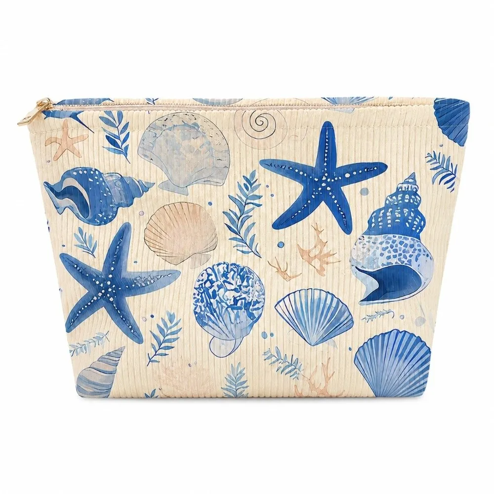 Starfish Shell Print Storage Makeup Pouch Large Capacity Ocean Animal Corduroy Makeup Bag Zipper Cosmetic Organizer