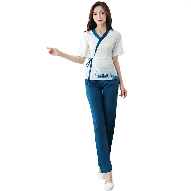 Aesthetic Uniforms Summer Short Sleeve Beauty Salon Sets Women's Spa Beautician Clothes Hotel Massage Chinese Workwear