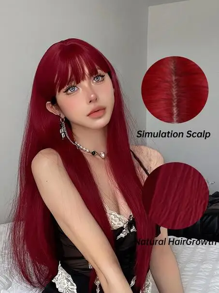 Wig lurus merah anggur panjang untuk wanita Wig rambut sintetis dengan poni Wig tahan panas Cosplay alami pesta harian