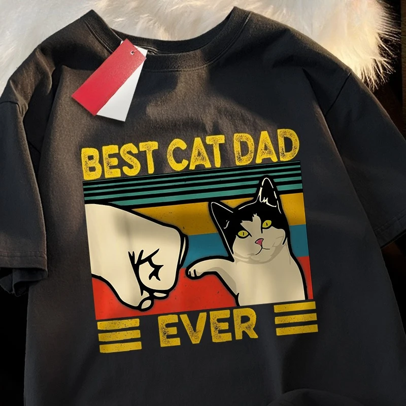 Best Cat Dad Ever Punch Male Female Tops Oversized Cotton Tee Clothes Summer Street T Shirts Fashion Breathable Tshirt Couple