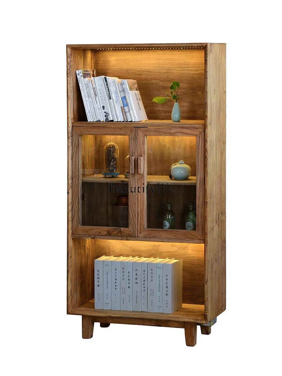 

Old elm bogu frame glass display cabinet with lamp solid wood bookshelf tea display cabinet