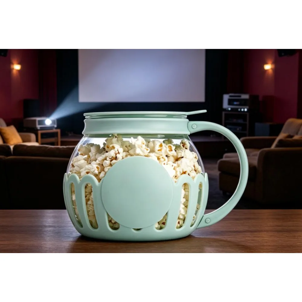 Palomitero de Vidrio Borosilicato de 1.5 Cuartos para Microondas, 3 en 1, con Tapa para Derretir Mantequilla y Medidor, Libre de BPA, Resistente a Golpes Térmicos, Apto para Lavavajillas, para Palomitas Saludables al Aire, Color Aqua