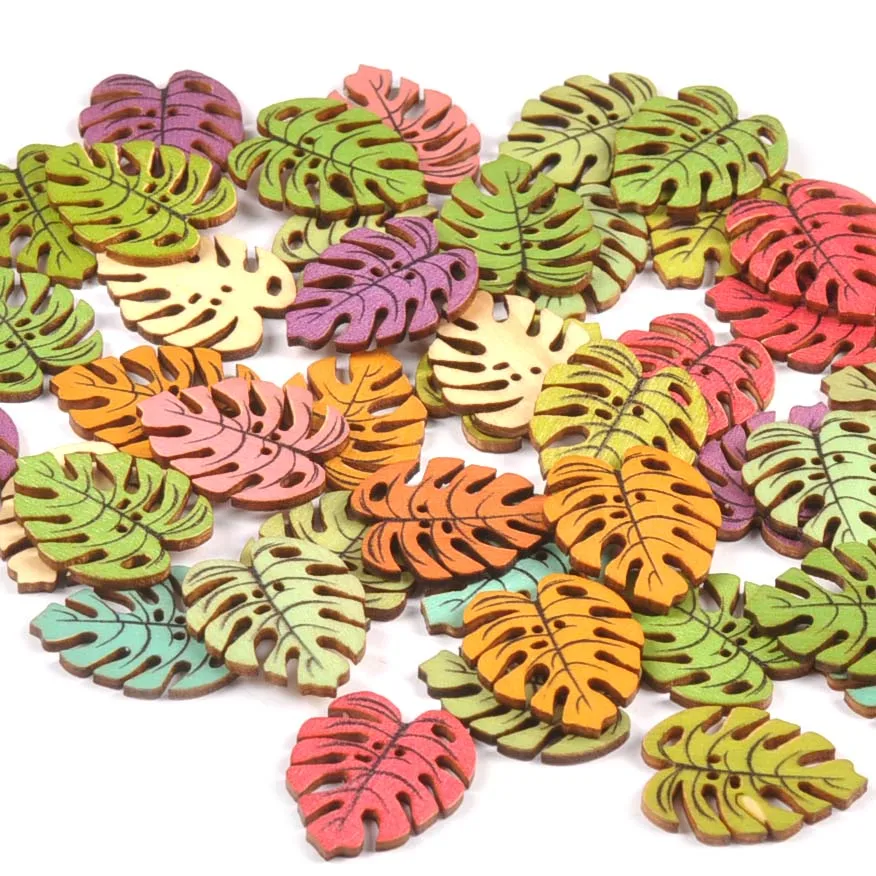 50Pcs Mixed Color Banana Leaf Flatback Wooden Buttons For Sewing Accessories Handmade Crafts DIY Scrapbook Clothes Home Decor