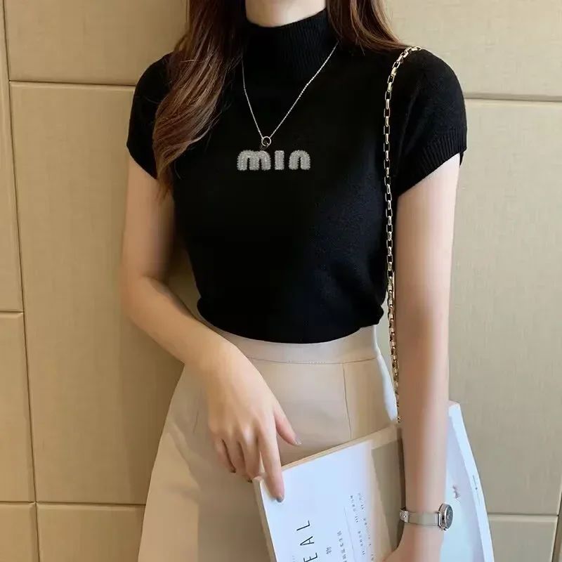 

Women's Short Sleeve Knitted Turtleneck Top - Summer Fashion Blouse & Casual Shirt